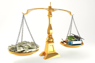3d illustration of balancing of money and education on scale